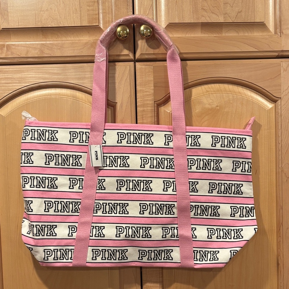 PINK Victoria's Secret Pink and White Striped Logo Tote
